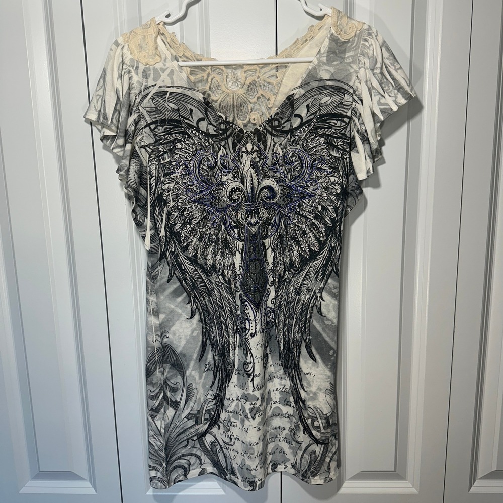Vocal Rhinestone Angel Wings Shirt Womens Medium White Blue Lace Flutter Top Y2K